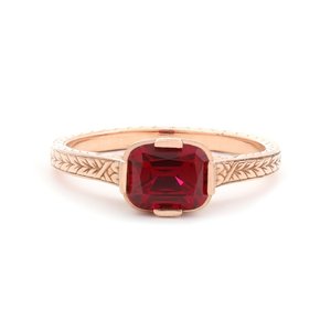 Anillo Solitario de Oro Rosa Sólido de 14K con Rubí de Laboratorio de 1ct, Corte Cojín Alargado, Color Sangre de Pichón, Grabado a Mano, Media Montura, de Lujo, Estilo Vintage - Product Image 6