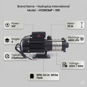 Ensemble de pompe de surpression Hydroplus International 1 HP avec réservoir de 24 L, manomètre et interrupteur Denfoss pour l'alimentation en eau de 3 salles de bain - Product Image 2