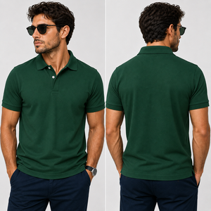 Polo de manga corta para hombre, color verde oscuro, tejido de algodón, informal, de color sólido, diseño transpirable, corte regular. - Product Image 1