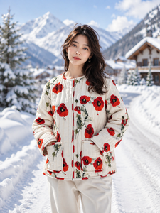 เสื้อแจ็คเก็ตผ้าฝ้ายสีขาวลายดอกป๊อปปี้สีแดงสำหรับผู้หญิง เสื้อโค้ทน้ำหนักเบา สไตล์ลำลอง เสื้อคลุมบูติก ขายส่งจากอินเดีย - Product Image 4