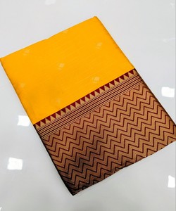 Sari Banarasi Amarillo con Borde Marrón, Prenda Informal para Mujer, Largo hasta el Suelo, Sin Arrugas, de Secado Rápido, 85169 TWT 1095 - Product Image 4