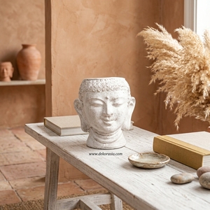Pot de fleurs en terre cuite rustique blanc uni, fait main, en forme de tête de Bouddha, statue décorative en céramique, urne de table - Product Image 4