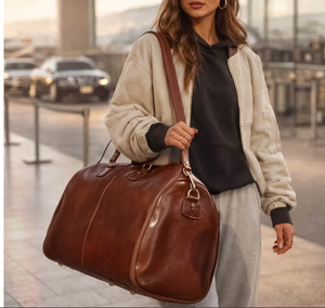 <b>Leather</b> Weekender Duffel <b>Bag</b> Unisex <b>Soft</b> Handle Zipper Closure Travel <b>Bag</b> 36-55L Capacity Durable Polyester Lining - Product Image 1