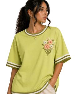 Customized Lime Green Floral Embroidered Oversized T Shirt Women Contrast Stripe Crew Neck Casual Loose Fit Cotton Summer <b>Top</b> - Product Image 1