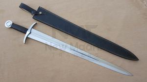 ดาบเหล็กกล้าคาร์บอนสูง ใบมีดปลายเรียวกว้าง ด้ามหุ้มหนังสีดำแบบยุโรปยุคกลาง พร้อมปลอกหนัง NMT-2507 - Product Image 2