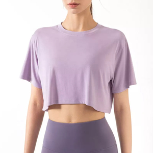 Women <b>Cropped</b> T-Shirt Short Sleeve Crew Neck Knitted Solid Color Loose Fit Casual <b>Top</b> <b>Pink</b> all seasons - Product Image 4