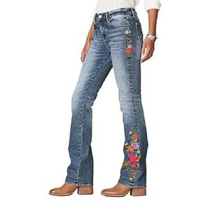 Jean en denim taille haute coupe bootcut pour femme, broderie florale, délavage à la pierre, longueur intégrale, style bohème, en coton, pour le printemps - Product Image 1