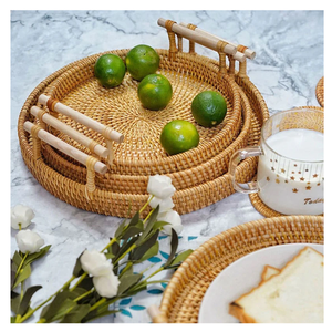 Plateau de service en rotin de style bohème fait main de qualité supérieure avec poignées en bois, organisateur de maison écologique pour le thé, plateau décoratif - Product Image 6