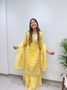 Yellow Cotton Embroidered <b>Kurta</b> Set With Dupatta Traditional Indian Pakistani <b>Women's</b> Casual Wear Floor-Length Loose Fit - Product Image 2