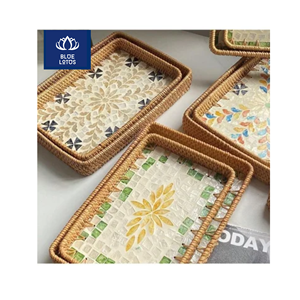 Bandeja de ratán ecológica con incrustaciones de concha pura, la más buscada, segura y limpia, ideal para servir té y organizar encimeras. Vendedor directo. - Product Image 1