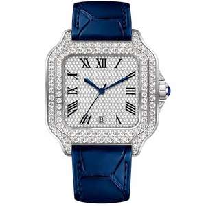 Reloj Mecánico de Lujo con Diamantes Cuadrados, Caja de Acero Inoxidable, Correa de Cuero, Cristal de Zafiro, Visualización de Fecha Analógica, Unisex, 20 mm - Product Image 6