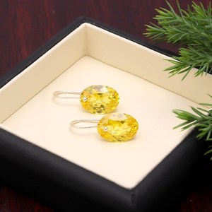 Pendientes de Lujo con Zafiro Amarillo de Ceilán, Plata de Ley 925, Chapados en Oro, con Dije Ovalado, Regalo para Aniversario de Bodas o Fiesta - Product Image 2