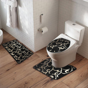 Juego de Alfombras de Baño de 3 Piezas en Negro y Dorado, Alfombrillas de Baño Antideslizantes de Lujo con Alfombra Contorno para Inodoro y Alfombra para la Tapa del Inodoro - Product Image 3
