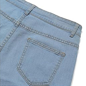 Short en jean taille haute pour femme, bleu clair uni, avec revers, cinq poches, fermeture boutonnée, décontracté, respirant, délavé, coupe droite - Product Image 2