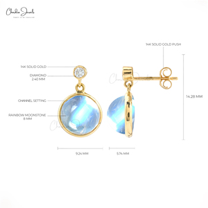 Pendientes Colgantes de Piedra Lunar Arcoíris de 8MM con Diamantes Incrustados en Bisel, Oro Amarillo Sólido de 14K, Pendientes Clásicos con Gemas para Fiesta - Product Image 5