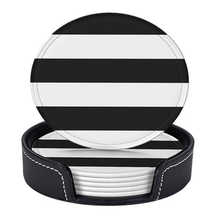 Stripes Black White Leather Coasters For Drinks, 6 Pcs Leather Coaster With Holder, Round Cup Mat <b>Pad</b> Set For Home And Kitchen - Product Image 2