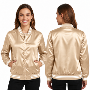 Chaqueta Varsity Dorada de Satén para Mujer, Manga Larga, Cierre de Botones, Acolchada, de Poliéster, Resistente al Viento, Transpirable, para Invierno - Product Image 1