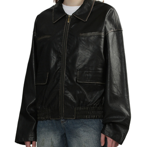 OEM High Quality <b>Long</b> Sleeve Crackled Leather Round Neck Zip Fly <b>Men</b> <b>Jacket</b> - Product Image 2