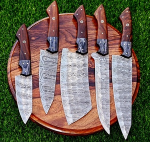 Ensemble de 5 couteaux de cuisine en acier Damas à lame droite faits à la main, manche en bois, étui en cuir, couteaux de survie, utilitaires, de chasse - Product Image 5