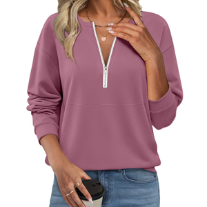 Sweat-shirt à col zippé pour femme - Confortable pour un style décontracté au quotidien, streetwear, épaules tombantes, respirant, respectueux de l'environnement - Product Image 5