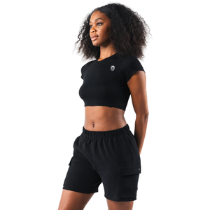 Top Corto de Manga Corta para Mujer, Negro, Elástico, para Gimnasio, Yoga, Entrenamiento - Product Image 2