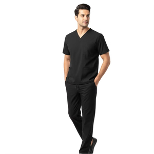 Men Black V-Neck Scrub Set Cotton Polyester Woven Hospital Uniform Needle Detection Ready - Product Image 1