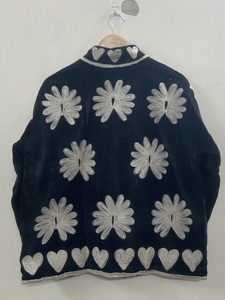 Y2K <b>Black</b> Velvet OPEN CLOSURE Jacket <b>Women</b> MANDARIN Collar Silver Embroidered Floral Heart Pattern Short <b>Coat</b> - Product Image 2