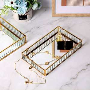 <b>Mirrored</b> Glass Storage Tray Rectangle Single Tier <b>Gold</b> Plated Finish Modern Luxury Jewelry Organizer <b>Table</b> Decorative Tray - Product Image 1
