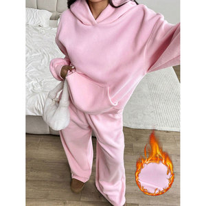 High Quality Women Blank Sportswear Two Piece Cotton 100% Custom Design Sweatpants and Hoodies Sets for Sale - Product Image 5