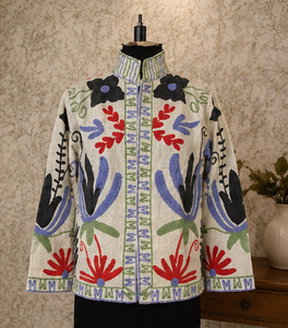Chaqueta Bomber de Algodón Ecológico, Transpirable, con Estampado Floral Vintage, Cuello Mao, Reversible, de Lujo, Artesanal, para Mujer - Product Image 2