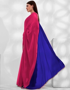 Sari en Georgette Uni/Uni KV pour Femme avec Blouse Réversible Non Cousue (Rose Bleu) pour Mariage - Product Image 5