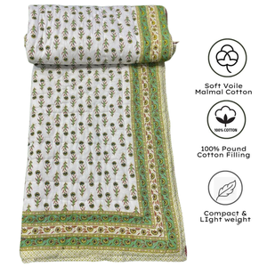 Colcha de Algodón Reversible con Estampado Floral Hecho a Mano en Jaipur, Estilo Vintage Boho para Cama Individual, Relleno de Algodón Duradero - Product Image 3