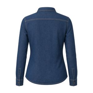 Camisa de Mezclilla Azul Oscuro para Mujer, con Botones, Escudo Bordado Multicolor, Manga Larga, Cuello Camisero, Estilo Casual - Product Image 4