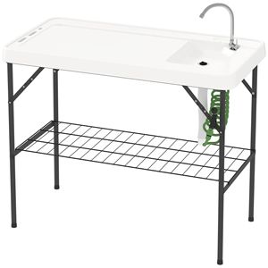 Tavolo Quadrato Portatile in Plastica per Campeggio e Pulizia Pesce con Lavello, Rubinetto, Tubo di Scarico, Spruzzatore e Ripiano - Product Image 1
