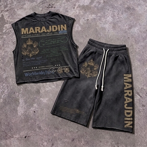 Streetwear Custom Dtg Printing Raw Hem Cut Edge Graphic Acid Wash Sleeveless T Shirt and Sweat Shorts Set tank Top <b>Men</b> - Product Image 2