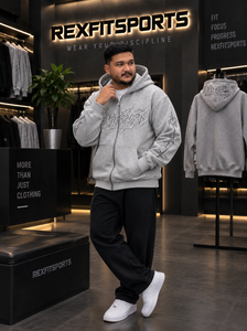 REXFITSPORTS 2026 – Sweat à capuche zippé gris clair pour homme, style streetwear, avec broderie personnalisée et motif étoile sur la manche, en polaire - Product Image 4