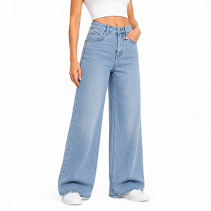 Jeans de Mezclilla de Pierna Ancha para Mujer, Corte Holgado, Casual, con Logotipo Personalizado, Color Sólido, Cintura Alta, Rectos, Lavado Claro, 100% Algodón - Product Image 1