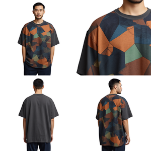 T-shirt imprimé épais coupe ample, motif géométrique abstrait multicolore personnalisé, tee-shirt oversize à épaules tombantes, vêtements en gros - Product Image 4