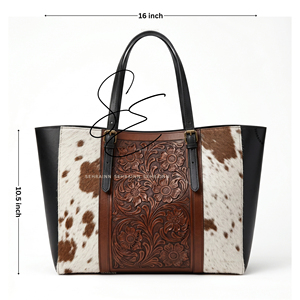 Bolso Tote de Cuero Vacuno Occidental con Pelo, Bolso de Hombro Grabado, Bolso Vintage Estilo Vaquera, Cartera Negra para Mujer, Oficina, Portátil - Product Image 3