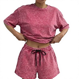 Washed 2pcs Set Women's Loose Short-Sleeve <b>Top</b> Elastic Waist Drawstring Shorts Vintage Street Style Casual Loungewear Summer - Product Image 1