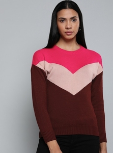 Suéter de Punto con Bloques de Color para Mujer, Cuello Redondo, Manga Larga, para Otoño, Antipilling, Acrílico - Product Image 2