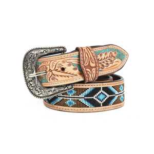 Ceinture en cuir classique western authentique, ornée de fleurs perlées et gravées à la main, pour hommes et femmes, couleur personnalisable, avec boucle en alliage de zinc bleue cousue - Product Image 3