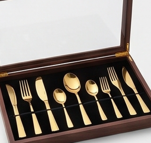Ensemble de couverts dorés au design moderne, finition miroir, cuillère, fourchette, couteau, passe au lave-vaisselle, vaisselle de mariage - Product Image 6