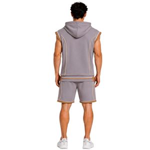 Conjunto Deportivo Personalizado para Hombre, Gris Camel, Sin Mangas, con Capucha, Logotipo Personalizado, para Gimnasio, Fitness, Entrenamiento, Sudadera con Capucha y Pantalones Cortos, Ropa Deportiva - Product Image 2
