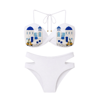 Bikini Wanita Berhias Manik-Manik dengan Motif Pantai dan Detail Tali Serut di Bagian Bawah, Kerah Halter, Grosir Bikini Wanita Musim Semi/Panas