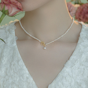 Collier claviculaire vintage plaqué or 14 carats avec boucle OT, perle d'eau douce française de 4-5 mm, collier de cygne, bijoux tendance pour femmes - Product Image 2