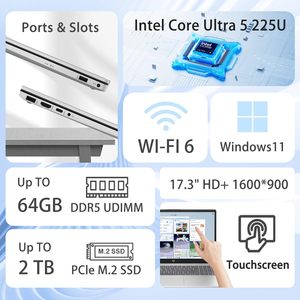 Portátil empresarial para profesionales de 17.3 pulgadas con pantalla táctil 1600*900, Ultra 5 225U, i7-1355U, 16GB DDR5, 1TB, Win11 Pro, color plata - Product Image 2