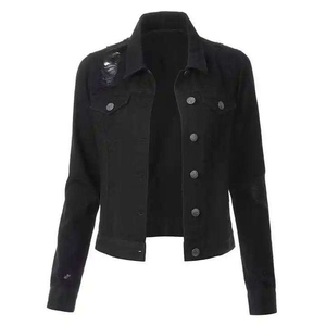 Chaqueta Vaquera Negra para Mujer WARPRO INDUSTRY, Manga Larga, Cuello Camisero, Estilo Trucker, Detalles Deshilachados, Prenda de Invierno 100% - Product Image 2