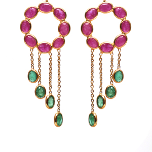 Natural Ruby and <b>Emerald</b> Floral Drop <b>Earrings</b> in Solid 18K Yellow <b>Gold</b> – Bezel Set Pear Gemstone Flower Dangles - Product Image 1