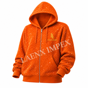 Sweat à capuche zippé pour homme, imprimé étoiles orange, style strass personnalisé, streetwear décontracté, mode - Product Image 2